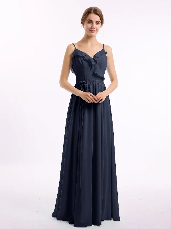 Spaghetti Strap Chiffon Bridesmaid Gowns with V-neck-Dark Navy