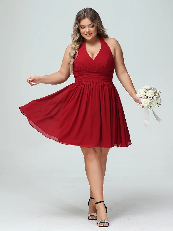 Halter V Neck Short Chiffon Bridesmaid Dresses-Burgundy Plus Size