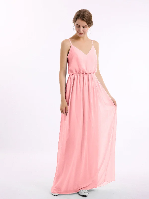 V-neck Spaghetti Strap Chiffon Bridesmaid Dresses-Flamingo