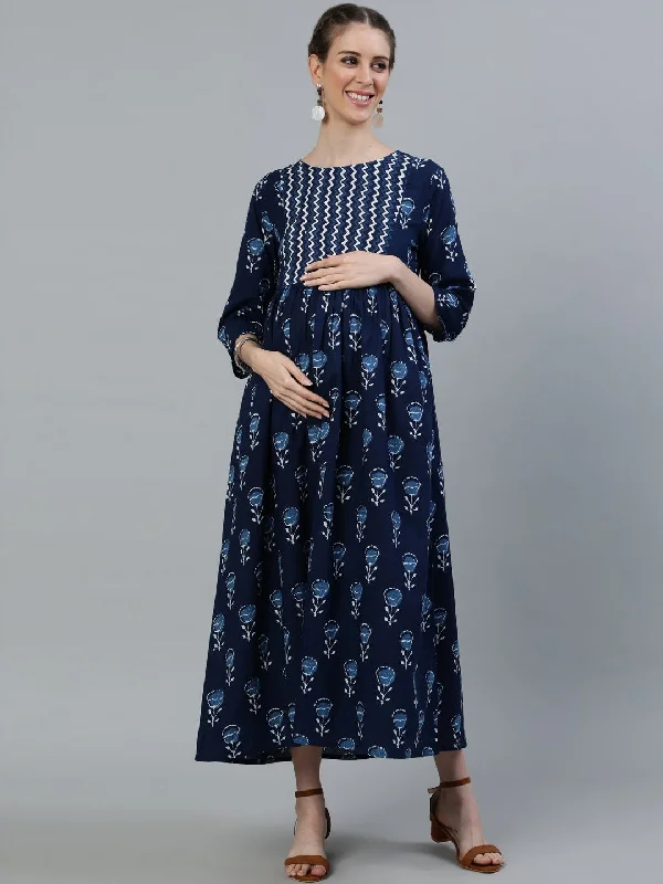 Women's Blue Indigo Printed Flared Maternity Dress With Three Quarters Sleeves - Nayo Clothing