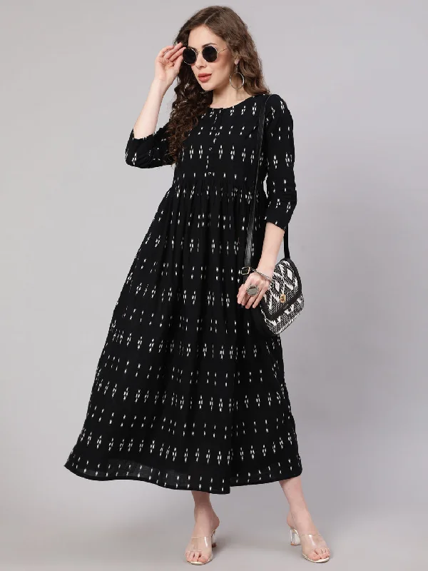 Women's Black Ikat Printed Flared Dress With Three Quarter sleeves - Nayo Clothing