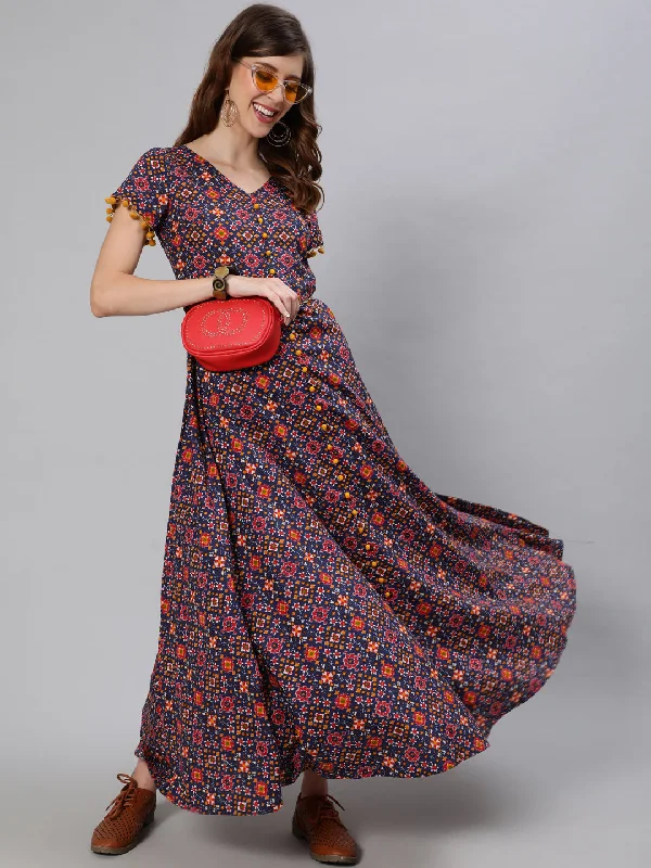 Women's Blue Patola Print Flared Maxi Dress - Aks