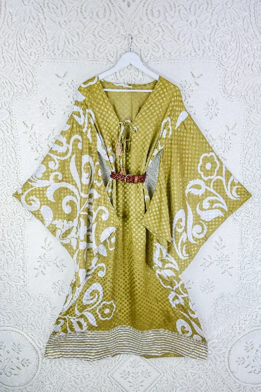 Cassandra Maxi Kaftan - Olive Green and Lily White Floral - Vintage Sari - Size M/L