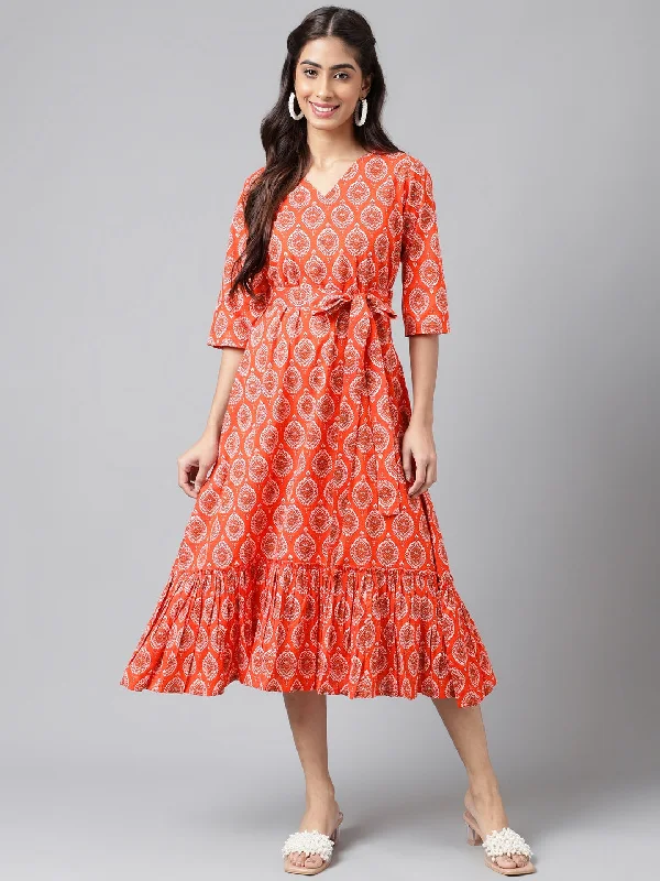 Women's Ethnic Motifs Printed Orange Cotton Dress - Janasya