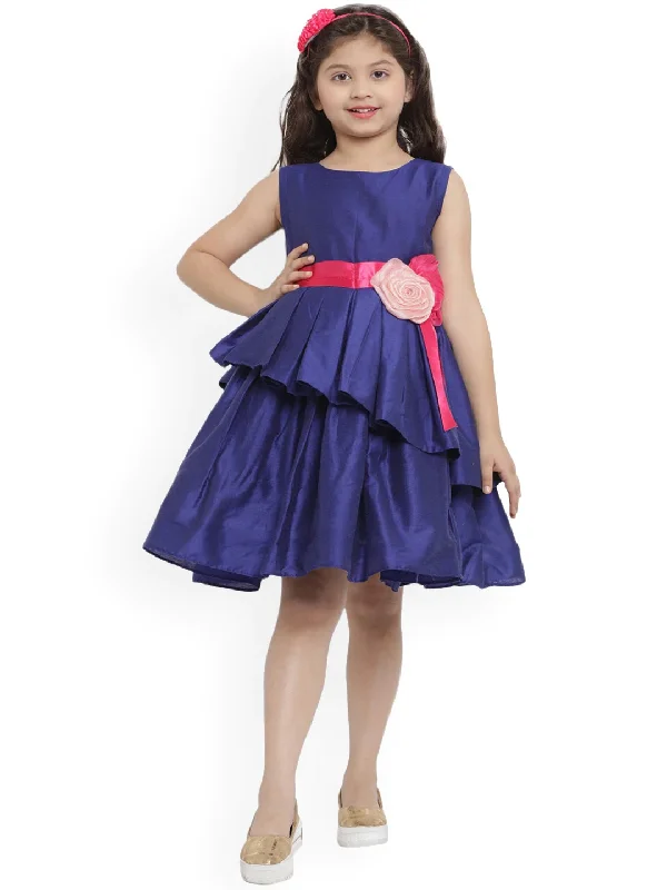 Girl's Blue Solid Fit And Flare Dress  - NOZ2TOZ KIDS