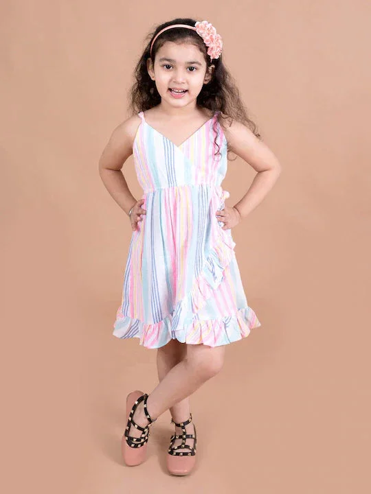 Girls Multicoloured Striped Cotton Dress - Ps Peaches