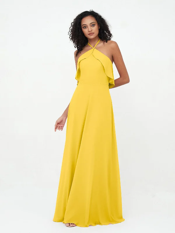 Halter Strap Chiffon Long Bridesmaid Dresses Marigold