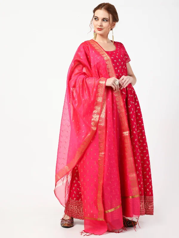 Women's Deep Pink Cotton & Silk Hand Block Print Long Dress With Silk Dupatta Set  - Cheera