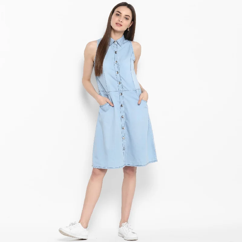 Women's Denim Sleeveless Dress with Silver Buttons - StyleStone