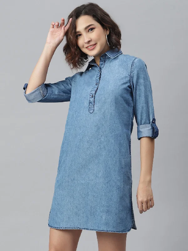 Women's Ice Blue Denim Shirt dress - StyleStone