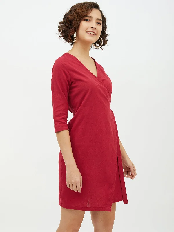 Women's Maroon Cotton Linen Wrap Dress - StyleStone