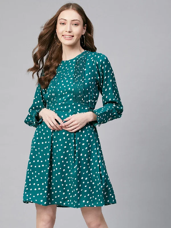 Women's Green & White Polka Polyester Pintuck Dress - Stylestone