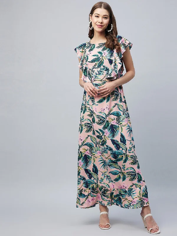 Women's Multicolour Floral Maxi Dress With Flutter Sleeves  - Stylestone