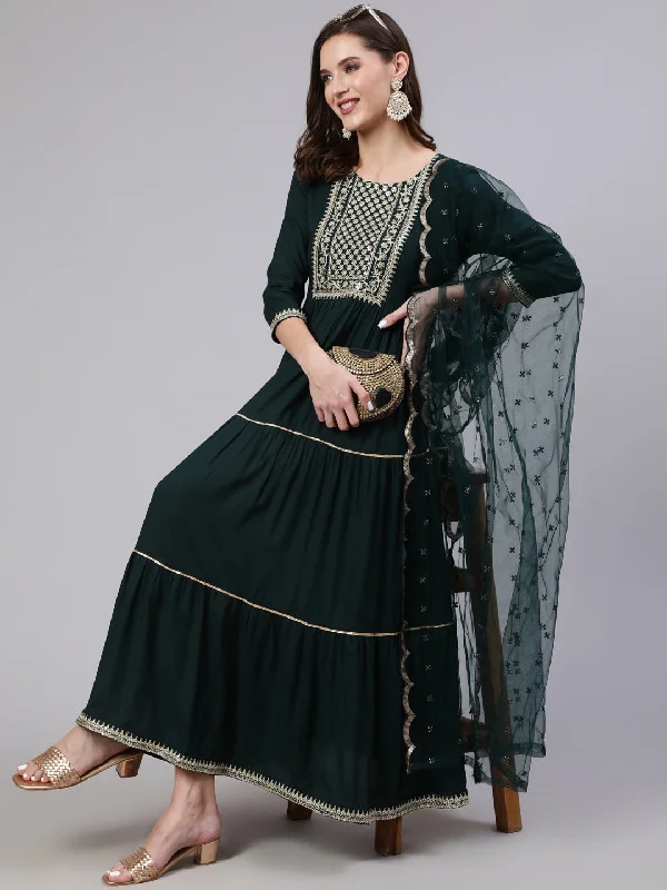 Women's Wome Green Embroidered Flared Dress With Net Dupatta - Nayo Clothing