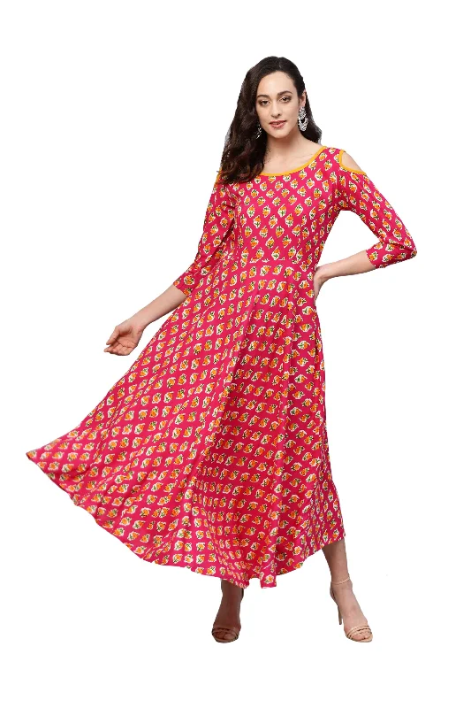 Women's Red Rayon Printed 3/4 Sleeve Round Neck Dress - Myshka