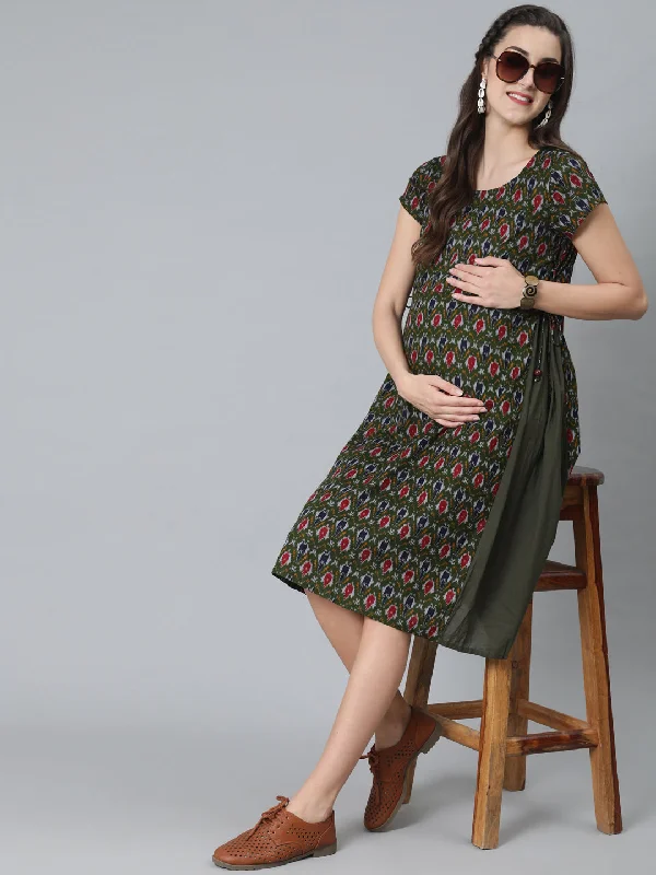 Women's Olive Patola Print Maternity A-Line Dress - Aks