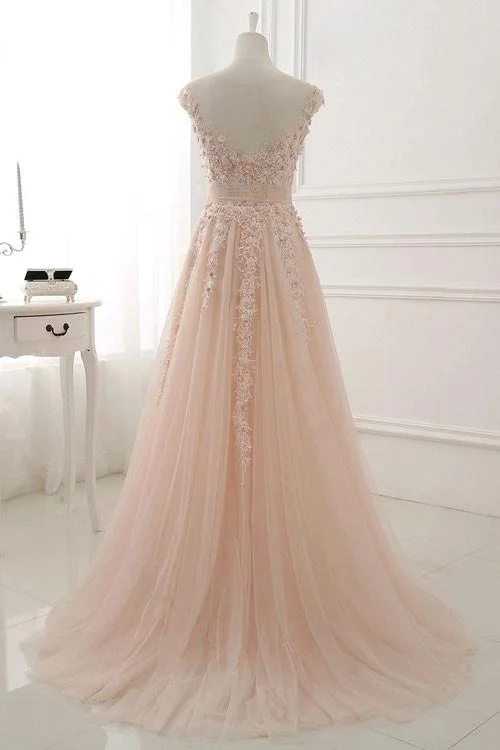 Simple Round Neck Lace Appliqued Prom Dress Tulle A Line Evening Dress OK427