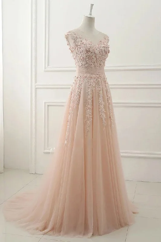 Simple Round Neck Lace Appliqued Prom Dress Tulle A Line Evening Dress OK427