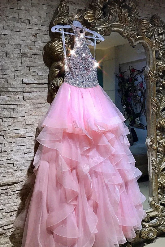 Sexy Sleeveless Crystal Beaded Pink Ruffles Tulle Puffy Prom Dress,Pretty Long Evening Dress OK824