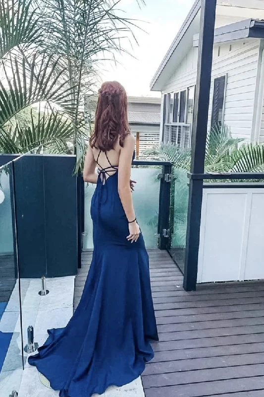 Simple Navy Blue V-neck Long Prom Dress Mermaid Spaghetti Straps Evening Dress OK1322