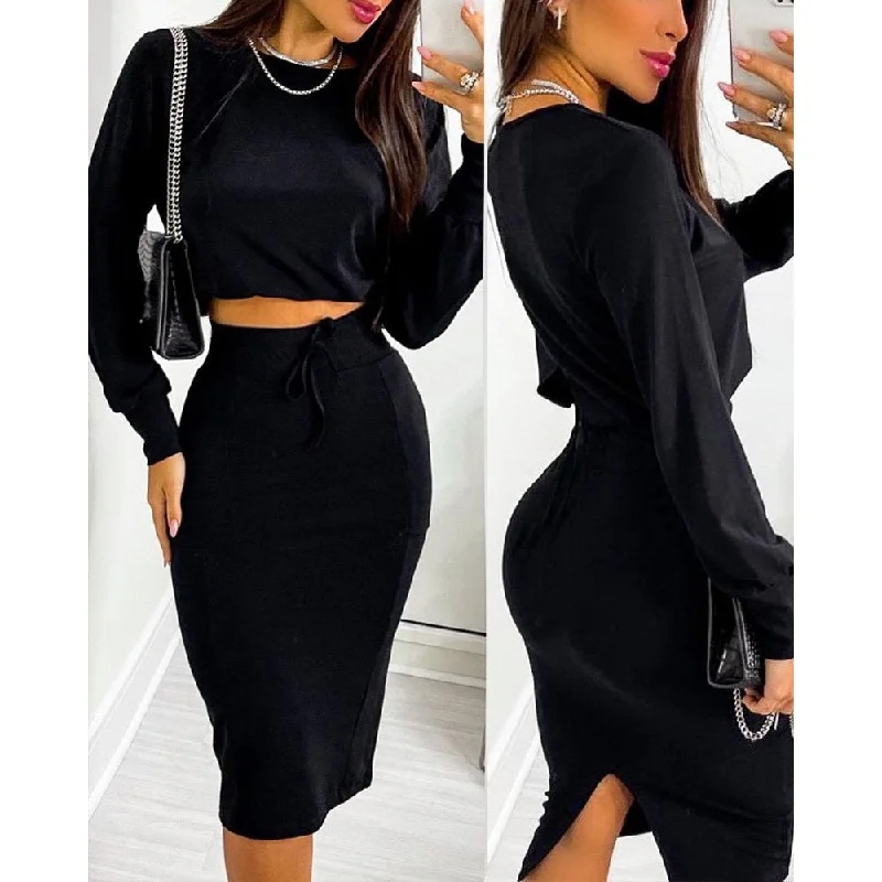 sixsr Sexy Crop Long Sleeve Pink Bodycon Dress Sets Women  Autumn Print Cropped Feminino Two Piece Set Women Skirt Dress Suits