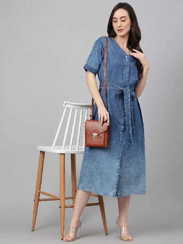 Women's Solid Blue Denim Dress - Janasya