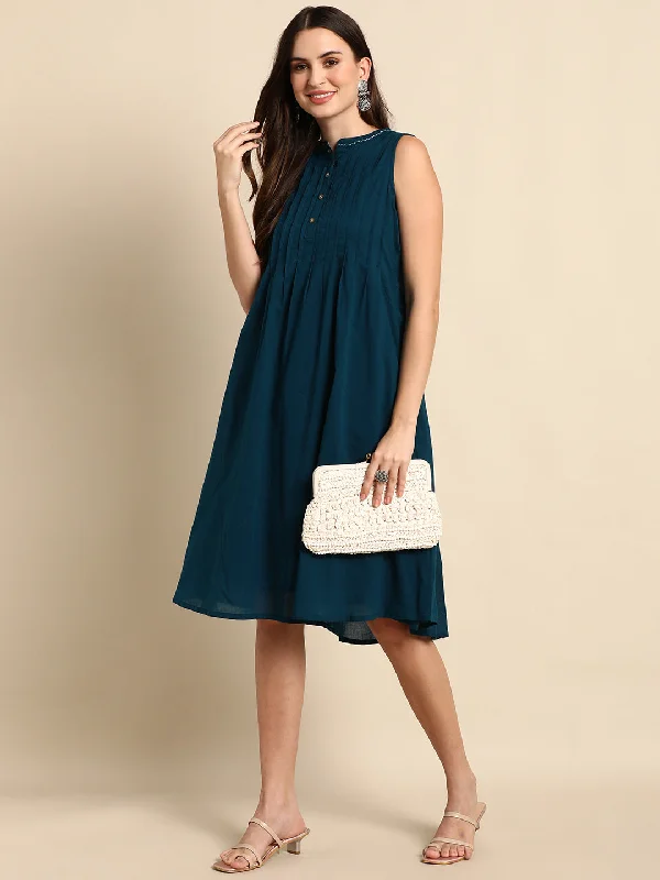 Women's Solid Teal Cotton Dress - Janasya