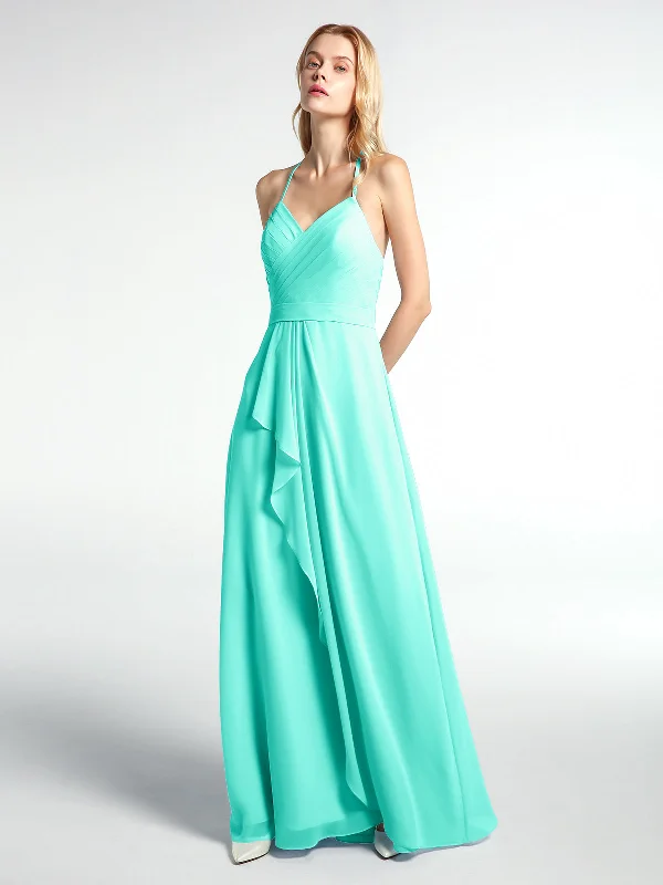 Spaghetti Strap Elegant Bridesmaid Dress with V-neck Spa