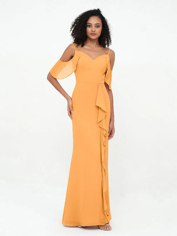 Spaghetti Straps Cloumn Dresses with Slit-Tangerine