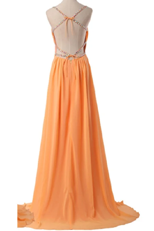 Spaghetti Straps Long Orange Chiffon Beading Prom Dress K167