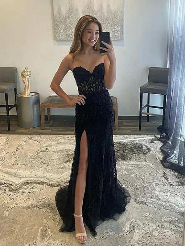 Strapless Mermaid Black Lace Long Prom Dresses, Formal Evening Dresses OK1900