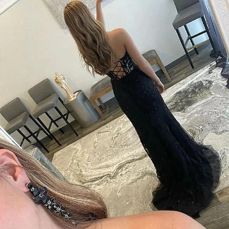 Strapless Mermaid Black Lace Long Prom Dresses, Formal Evening Dresses OK1900