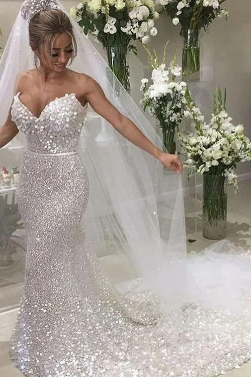 Strapless Stunning Sequined Wedding Dress Sparkly Mermaid Bridal Gowns OK1117