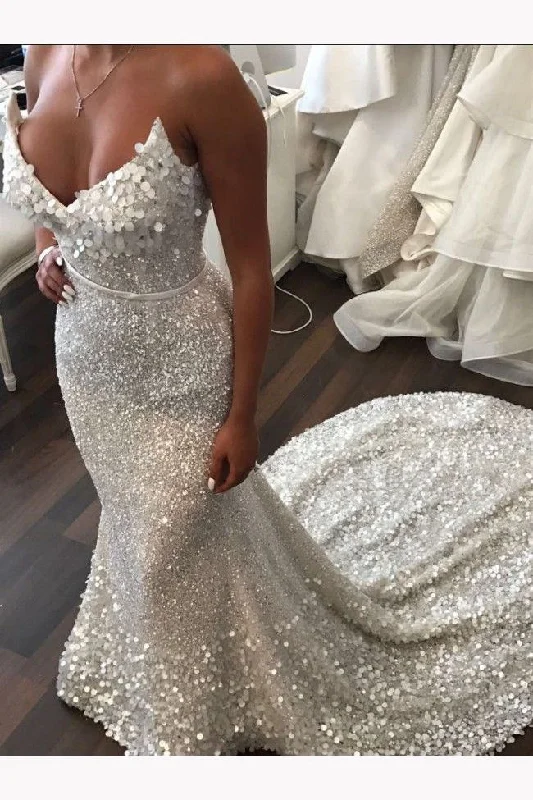 Strapless Stunning Sequined Wedding Dress Sparkly Mermaid Bridal Gowns OK1117