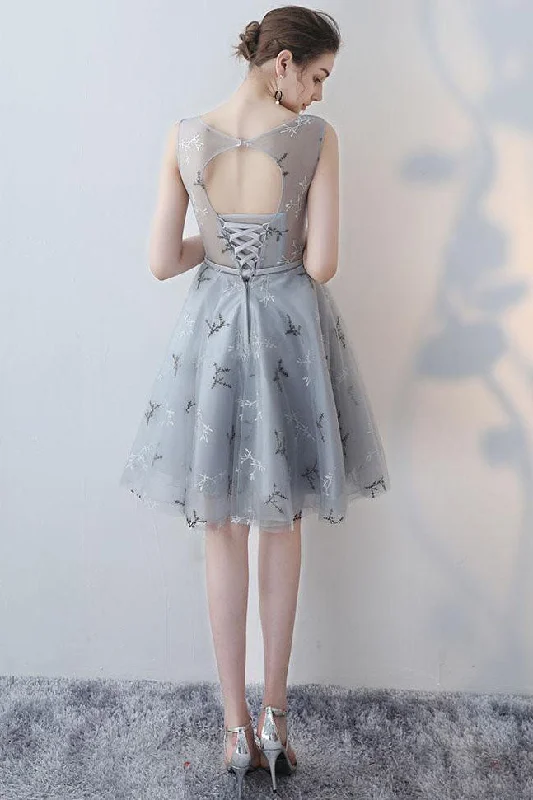 Unique A-line Scoop Grey Mini Tulle Sleeveless Homecoming Dress OKA73