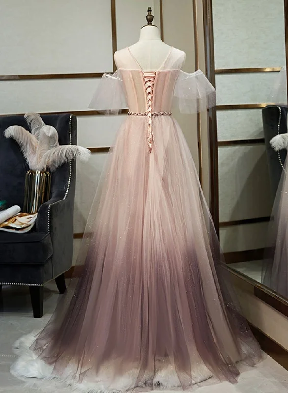 Unique A Line Tulle Applique Long Prom Dress Formal Evening Dress OK1249