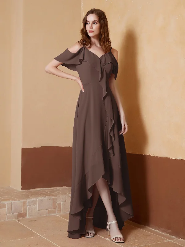 V-neck Off Shoulder Ruffles Asymmetrical Dress Chocolate