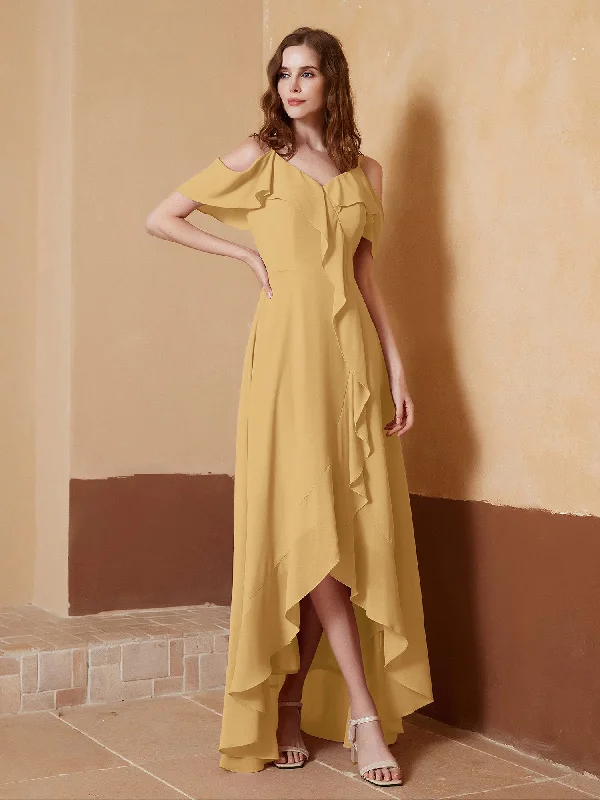 V-neck Off Shoulder Ruffles Asymmetrical Dress Gold