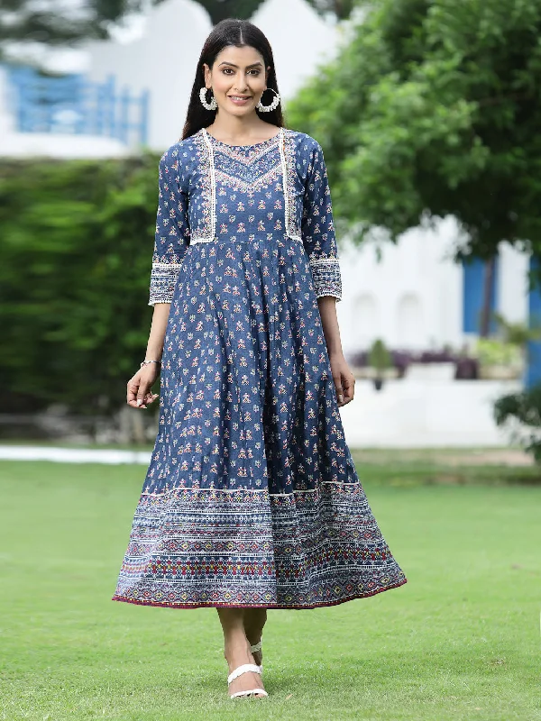 Women's Indigo Cambric Printed Anarkali Dress - Juniper