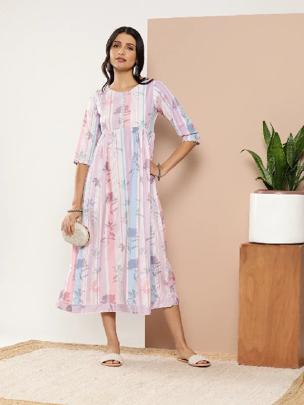 Women's Lavender Crepe Printed Ethnic Dress - Ahalyaa