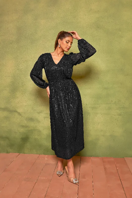 Women's Rich Black Sequin Pleated Dress For Effortless Nights. - Curvy Lane