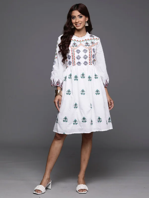 Women's White Embroidered A-Line Ethnic Dress - Indo Era