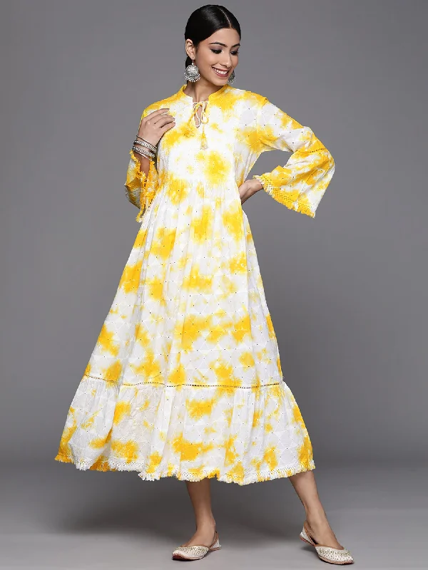 Women's Yellow Floral Embroidered A-Line Dress - Indo Era