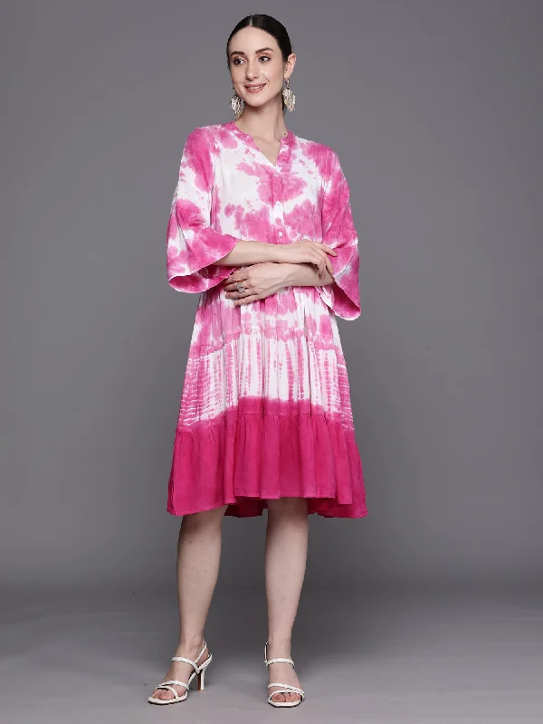 Women's Pink Tie & Dye Printed Smart Casual Partywear Dress - Indo Era