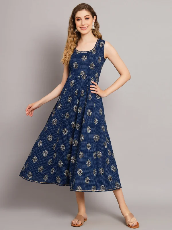 Women's Blue Bandhej Printed Anarkali Dress - Deckedup