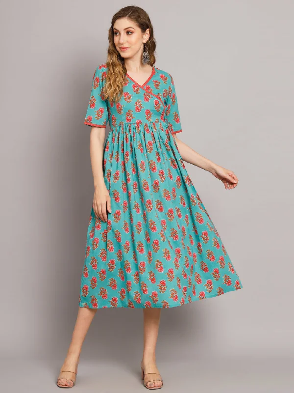 Women's Turquoise Angrakha A-Line Dress - Deckedup