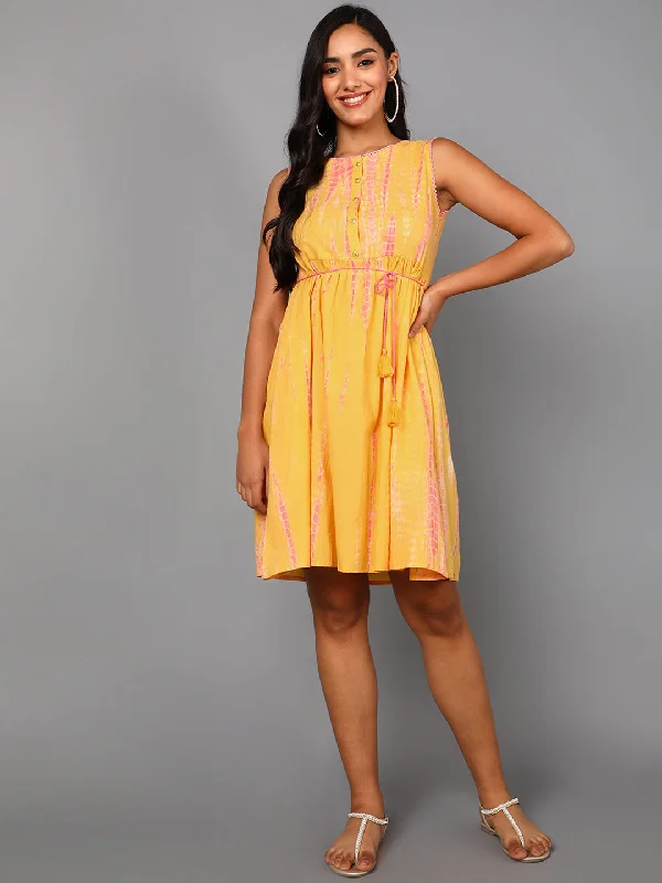 Women's Yellow Cotton Tie And Dye Printed Dress  - Ahika