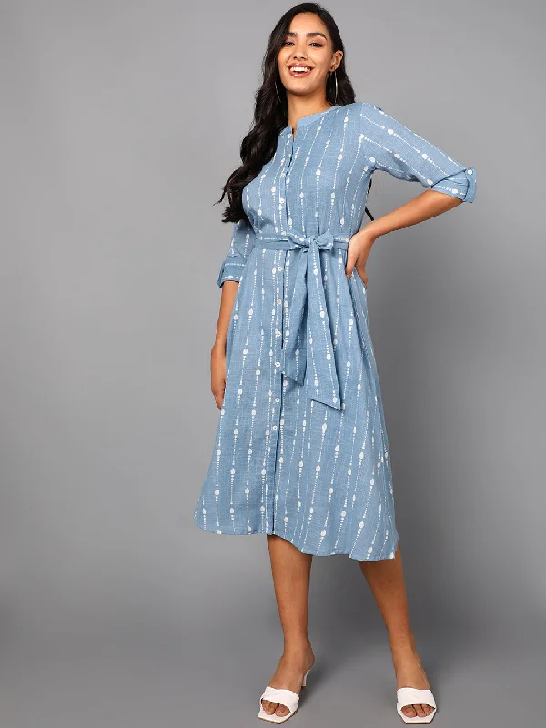 Women's Blue Cotton Ethnic Motifs Printed Dress  - Ahika