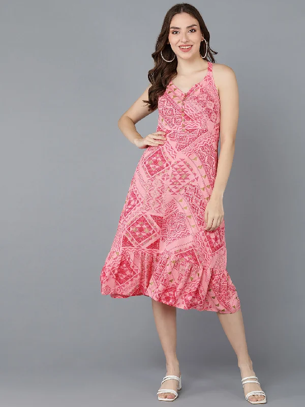 Women's Pink Cotton Geometric Printed Dress  - Ahika