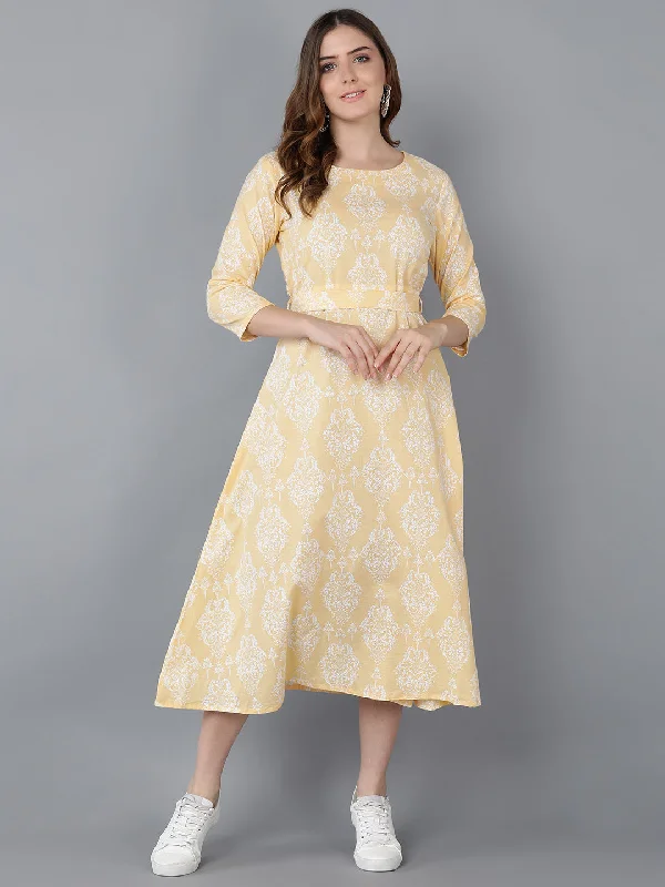 Women's Yellow Cotton Ethnic Motifs Printed Dress  - Ahika